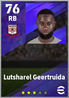 Lutsharel Geertruida eFootball 2026 player card — 76 OVR RB