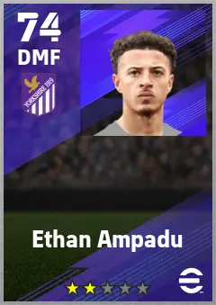 Ethan Ampadu eFootball 2026 player card — 74 OVR DMF