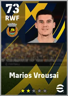 Marios Vrousai eFootball 2026 player card — 73 OVR RWF
