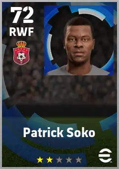 Patrick Soko eFootball 2026 player card — 72 OVR RWF