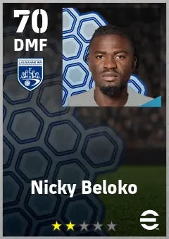 Nicky Beloko eFootball 2026 player card — 70 OVR DMF