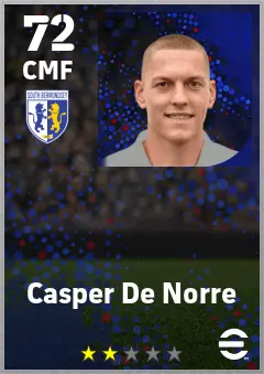 Casper De Norre eFootball 2026 player card — 72 OVR CMF