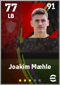Joakim Maehle eFootball 2026 player card — 77 OVR LB