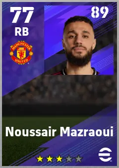 Noussair Mazraoui eFootball 2026 player card — 77 OVR RB