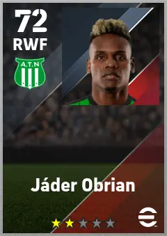 Jader Obrian eFootball 2026 player card — 72 OVR RWF