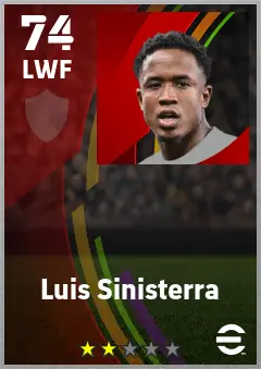 Luis Sinisterra eFootball 2026 player card — 74 OVR LWF
