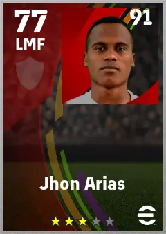 Jhon Arias eFootball 2026 player card — 77 OVR LMF