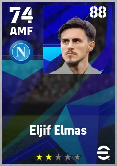 Eljif Elmas eFootball 2026 player card — 74 OVR AMF