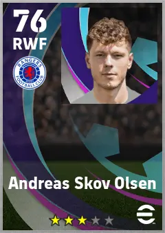 Andreas Skov Olsen eFootball 2026 player card — 76 OVR RWF