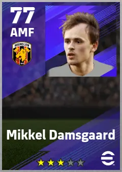 Mikkel Damsgaard eFootball 2026 player card — 77 OVR AMF