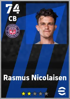 Rasmus Nicolaisen eFootball 2026 player card — 74 OVR CB