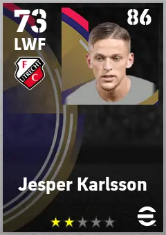 Jesper Karlsson eFootball 2026 player card — 73 OVR LWF