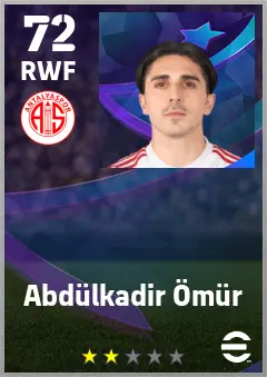 Abdulkadir Omur eFootball 2026 player card — 72 OVR RWF