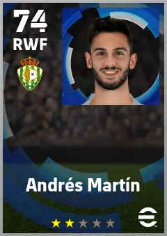 Andres Martin eFootball 2026 player card — 74 OVR RWF