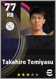 Takehiro Tomiyasu eFootball 2026 player card — 77 OVR RB