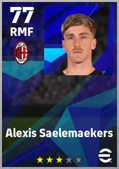 Alexis Saelemaekers eFootball 2026 player card — 77 OVR RMF