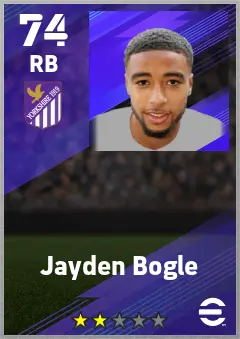 Jayden Bogle eFootball 2026 player card — 74 OVR RB