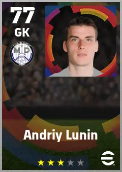Andriy Lunin eFootball 2026 player card — 77 OVR GK
