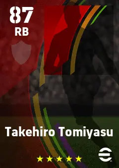 Takehiro Tomiyasu eFootball 2026 player card — 87 OVR RB