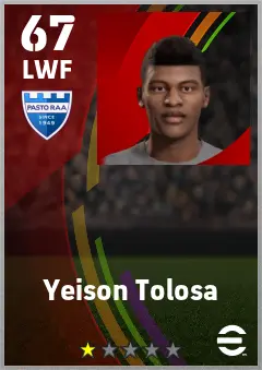 Yeison Tolosa eFootball 2026 player card — 67 OVR LWF