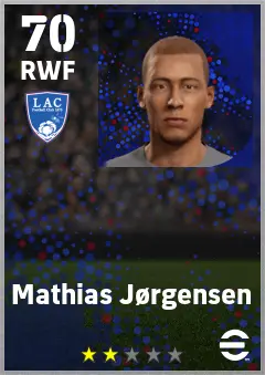 Mathias Jorgensen eFootball 2026 player card — 70 OVR RWF
