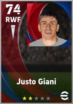 Justo Giani eFootball 2026 player card — 74 OVR RWF