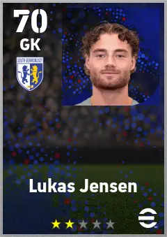 Lukas Jensen eFootball 2026 player card — 70 OVR GK