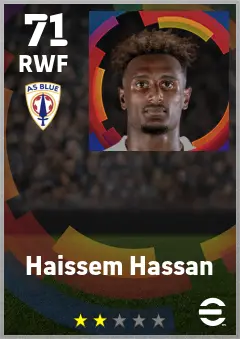 Haissem Hassan eFootball 2026 player card — 71 OVR RWF
