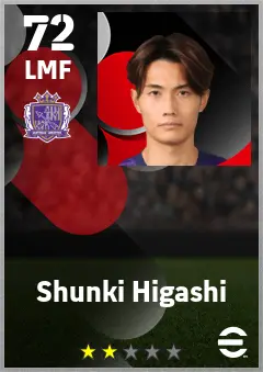 Shunki Higashi eFootball 2026 player card — 72 OVR LMF
