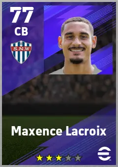 Maxence Lacroix eFootball 2026 player card — 77 OVR CB