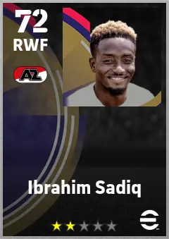 Ibrahim Sadiq eFootball 2026 player card — 72 OVR RWF