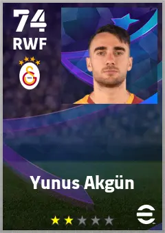 Yunus Akgun eFootball 2026 player card — 74 OVR RWF
