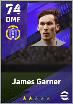 James Garner eFootball 2026 player card — 74 OVR DMF