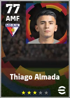 Thiago Almada eFootball 2026 player card — 77 OVR AMF