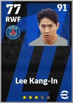 Lee Kang-In eFootball 2026 player card — 77 OVR RWF
