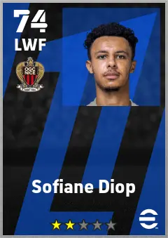 Sofiane Diop eFootball 2026 player card — 74 OVR LWF