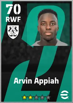 Arvin Appiah eFootball 2026 player card — 70 OVR RWF