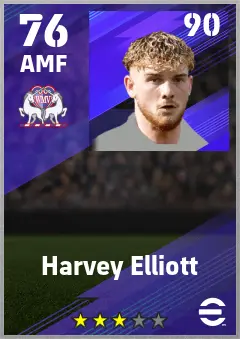 Harvey Elliott eFootball 2026 player card — 76 OVR AMF