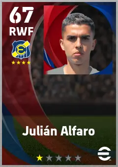 Julian Alfaro eFootball 2026 player card — 67 OVR RWF