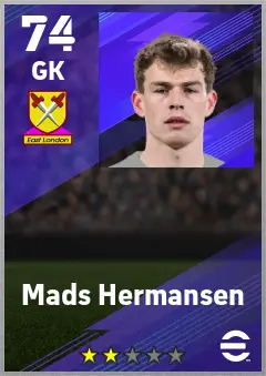 Mads Hermansen eFootball 2026 player card — 74 OVR GK