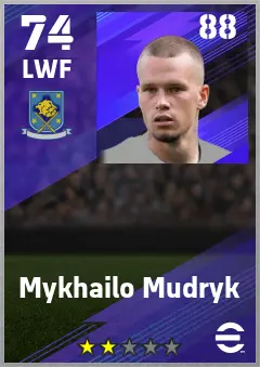 Mykhailo Mudryk eFootball 2026 player card — 74 OVR LWF