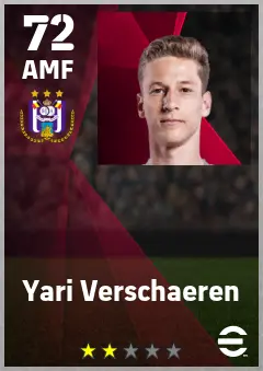 Yari Verschaeren eFootball 2026 player card — 72 OVR AMF