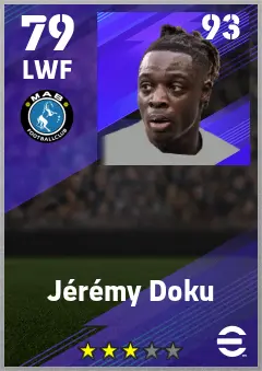 Jeremy Doku eFootball 2026 player card — 79 OVR LWF