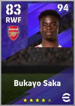 Bukayo Saka eFootball 2026 player card — 83 OVR RWF
