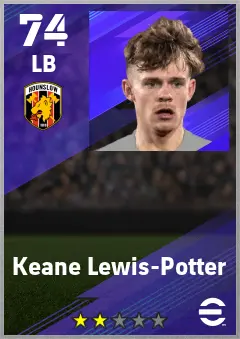 Keane Lewis-Potter eFootball 2026 player card — 74 OVR LB