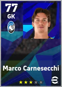 Marco Carnesecchi eFootball 2026 player card — 77 OVR GK