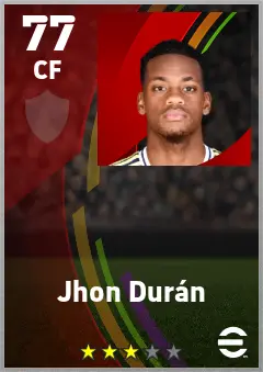 Jhon Duran eFootball 2026 player card — 77 OVR CF