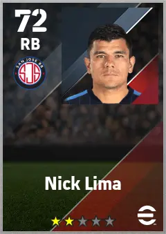 Nick Lima eFootball 2026 player card — 72 OVR RB