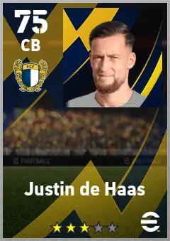 Justin de Haas eFootball 2026 player card — 75 OVR CB