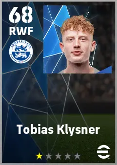 Tobias Klysner eFootball 2026 player card — 68 OVR RWF